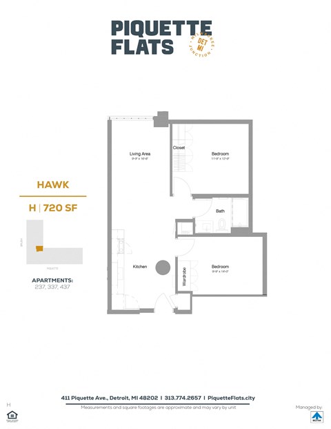 Floor plan for 2 beds, 1 bath, 720 sqft